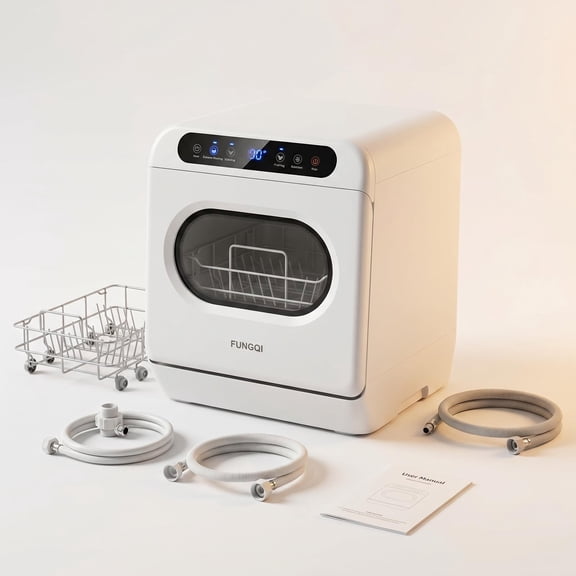 FUNGQI 1200W Portable Countertop Dishwasher with Voice Control, Mini Tabletop Dishwashing Machine with 12 Spray Outlets, 72 High-Temp Wash, Ozone Sterilization for Apartments RVs, White