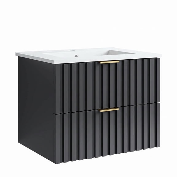 FUNGQI 24" Floating Bathroom Vanity with Integrated Ceramic Sink Combo, Wall-Mounted Modern Bathroom Storage Cabinet with 2 Fluted Soft-Closing Drawers, Gold Metal Handles, Moisture-Proof, 1 Box