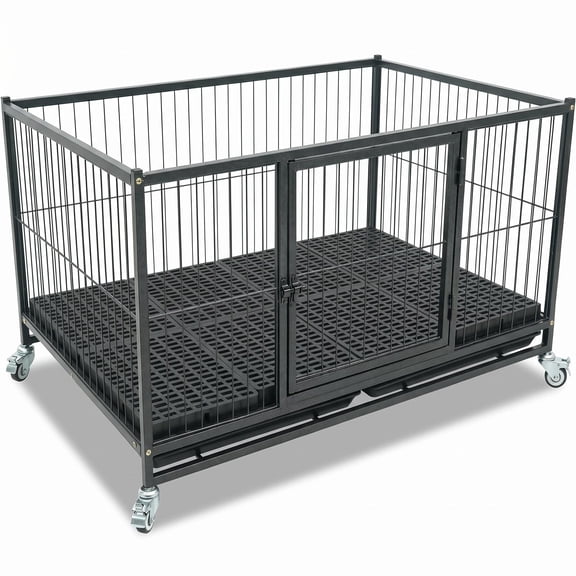 FUNGQI 43 Inch Heavy Duty Dog Whelping Box for Puppies, Stackable Metal Puppy Whelping Pen Playpen, Taller Dog Birthing Box with Front Door, Top Open, 4 Locking Wheels, Raised Floor Grid Trays