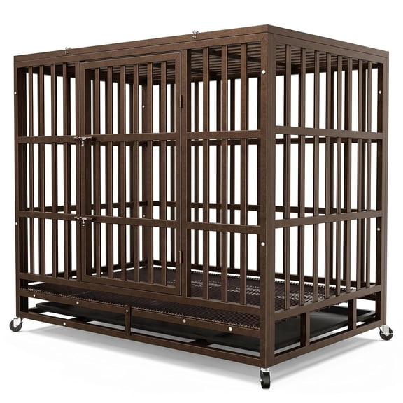 FUNGQI 48 Inch Heavy Duty Dog Crate for Large Dogs, Indestructible Escape Proof Metal Kennel for High Anxiety XL XXL, Strong Indoor Pet Cage with Double Doors, Lockable Wheels, Removable Tray