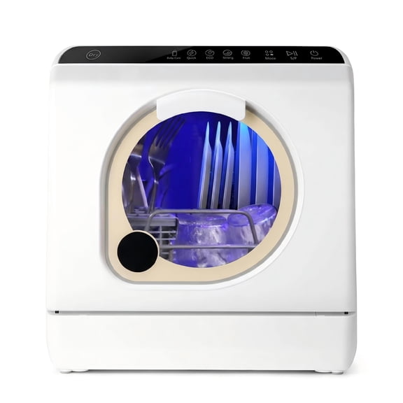 FUNGQI Portable Countertop Dishwasher with 5L Built-in Water Tank, 49dB Ultra-Quiet Mini Tabletop Washer, Upper & Lower Spray Arms, 5 Programs, Faucet Adapter for Apartments RVs, Matte White