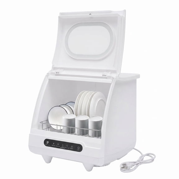 FUNGQI Portable Countertop Dishwasher, 800W Mini Tabletop Dish Washing Machine with 6 Place Settings, 5 Programs, Hot Air Drying, 161.6F Sanitizing, Upward Flip Lid for Apartments RVs Dorms, White