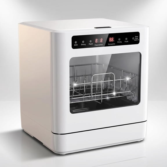 FUNGQI Portable Countertop Dishwasher, 800W Mini Tabletop Washer with 1.8Gal Automatic Suction Pipe, 360 Dual Spray Arms, 72H Storage, Touch Controls for 4-6 People, RV Apartments, White