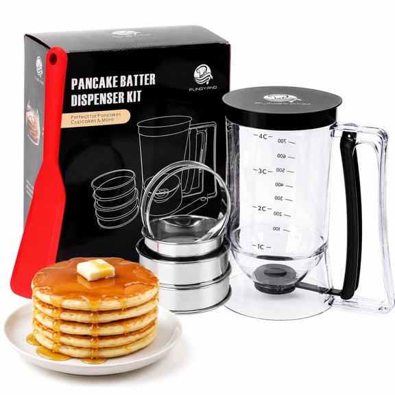 FUNGYAND Stainless Steel Pancake Batter Dispenser with 4-Cup Capacity and Muffin Rings for Baking and Cooking