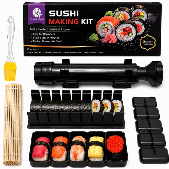 FUNGYAND Sushi Making Kit, Easy Sushi Bazooka Roller Maker with Bamboo Rolling Mat, 5pcs