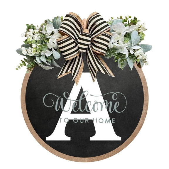 FUNING 26 English Letters Funny Welcome Sign Front Door Wreath Rustic Round Outdoor Indoor Farmhouse Porch Wooden Decoration Fall Home Wall Decor