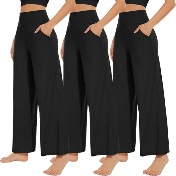 FUNING 3 Pack Women's Wide Leg Pants with Pockets High Waist Loose Sweatpants Casual Lounge Yoga Workout Palazzo