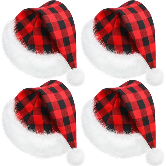 FUNING 4 Pcs Santa Hat, Unisex Velvet Christmas Hat with Comfort Lining and Plush Brim for Party (Red,Under 14 Years Old)