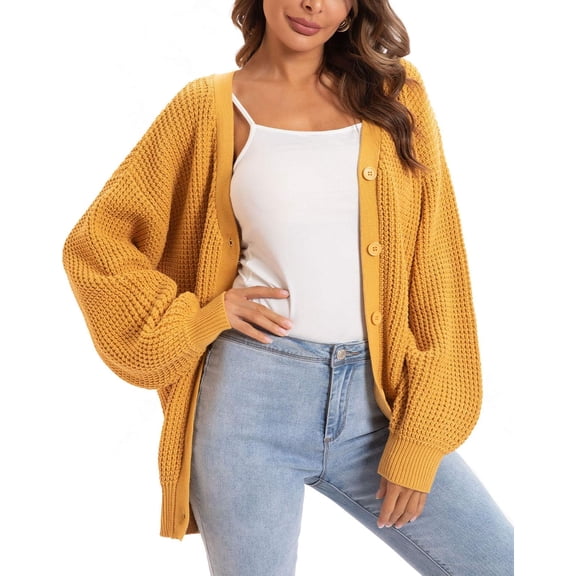 FUNING  Cardigan Sweaters for Women 100% acrylic fibers Button-Down Long Sleeve Oversized Knit Outerwear