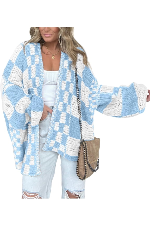 Casual Cardigan Sweater for Women Fall 2025 Long Sleeve Open Front Chunky Knit Sweaters Checkered Outwear Coat
