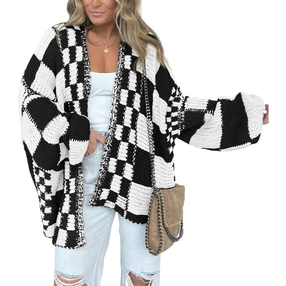 FUNING Casual Cardigan Sweater for Women Fall 2025 Long Sleeve Open Front Chunky Knit Sweaters Checkered Outwear Coat