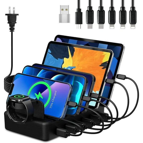 FUNING Charging Station for Multiple Devices, FUNING 50W 6 Ports USB Charger Station with Apple Watch Holder & 6 Cables, Charging Dock for iPad Cellphone Kindle Tablet and Other Electronic