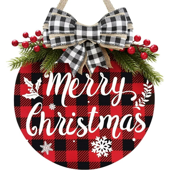 FUNING Christmas Wreath - Buffalo Plaid Xmas Decorations - Winter Wreaths Merry Christmas Sign for Holiday Rustic Farmhouse Front Door Porch Wall Window Outside Decorations