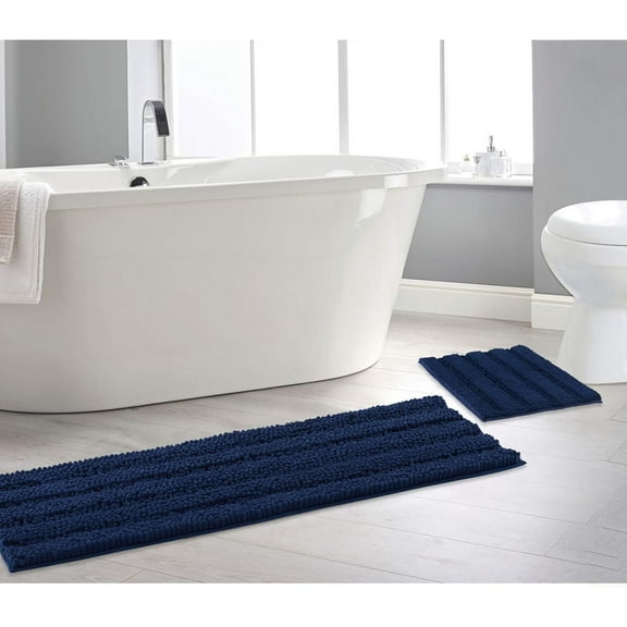 FUNING Navy Blue Bathroom Rugs, Ultra Thick and Soft Texture Chenille Plush Floor Mats Hand-Tufted Bath Rug with Non-Slip Backing, Microfiber Door Mat for Kitchen/Entryway (Pack 2-20 x 32/17 x 24)