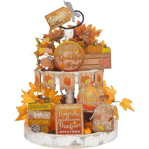 FUNING Set of 15 Fall Tiered Tray Decor Pumpkins Farmhouse Decor Autumn Maple Leaf Table Centerpieces Thanksgiving Harvest Wood Blocks Signs for Home Decor