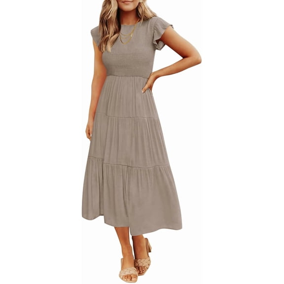 FUNING Women's 2025 Summer Casual Flutter Short Sleeve Crew Neck Smocked Elastic Waist Tiered Midi Dress