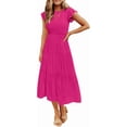 thumbnail image 1 of FUNING Women's 2025 Summer Casual Flutter Short Sleeve Crew Neck Smocked Elastic Waist Tiered Midi Dress, 1 of 6