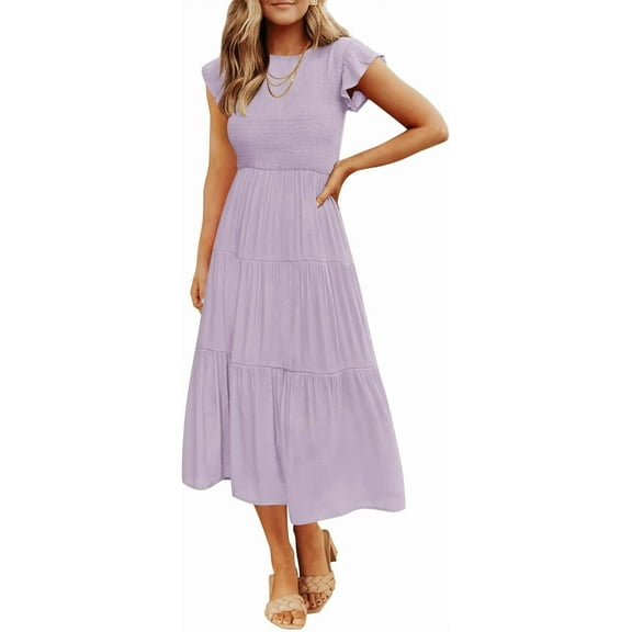 FUNING Women's 2025 Summer Casual Flutter Short Sleeve Crew Neck Smocked Elastic Waist Tiered Midi Dress