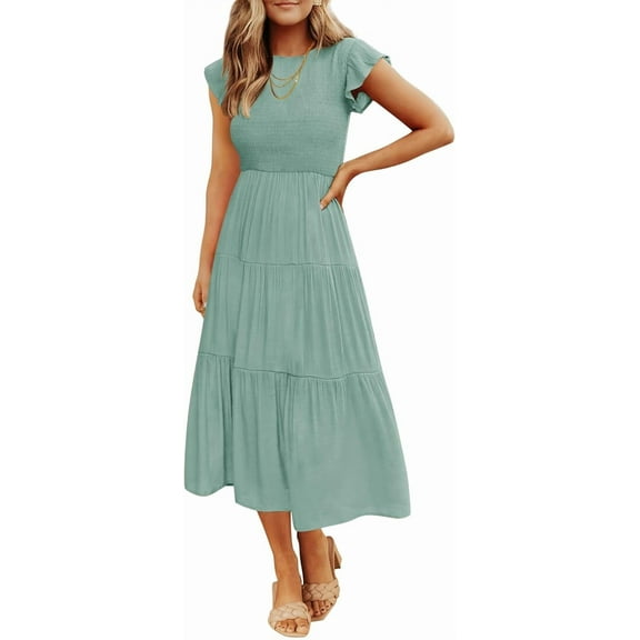 FUNING Women's 2025 Summer Casual Flutter Short Sleeve Crew Neck Smocked Elastic Waist Tiered Midi Dress