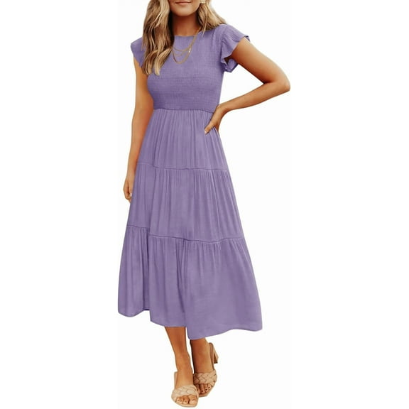 FUNING Women's 2025 Summer Casual Flutter Short Sleeve Crew Neck Smocked Elastic Waist Tiered Midi Dress