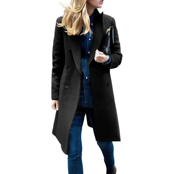 FUNING Women's Basic Designed Notch Lapel Double Breasted Mid-Long Wool Pea Coat