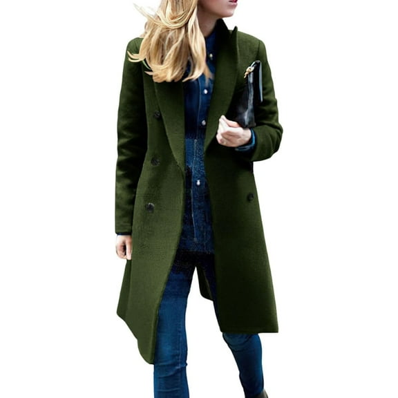 FUNING Women's Basic Designed Notch Lapel Double Breasted Mid-Long Wool Pea Coat