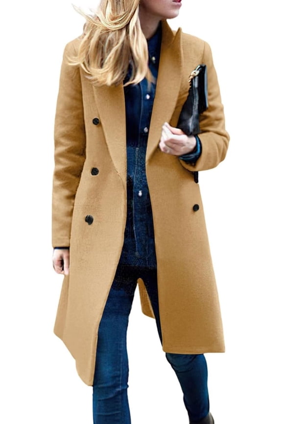 Women's Basic Designed Notch Lapel Double Breasted Mid-Long Wool Pea Coat