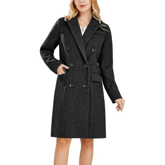 FUNING Women's Basic Designed Notch Lapel Double Breasted Mid-Long Wool Pea Coat