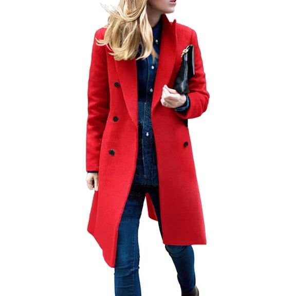 FUNING Women's Basic Designed Notch Lapel Double Breasted Mid-Long Wool Pea Coat