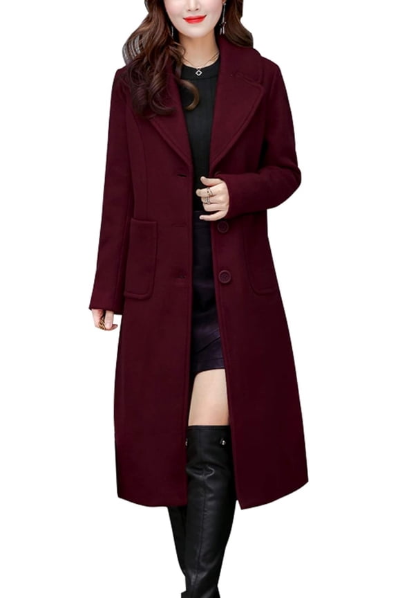 Women's Big Notch Lapel Single Breasted Mid-Long Wool Blend Coat
