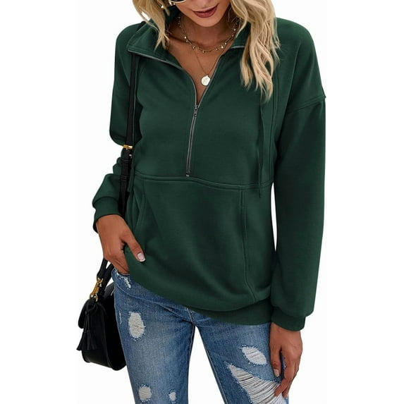 FUNING Women's Casual Long Sleeve Lapel Zipper Sweatshirt Drawstring Loose Pullover Tops