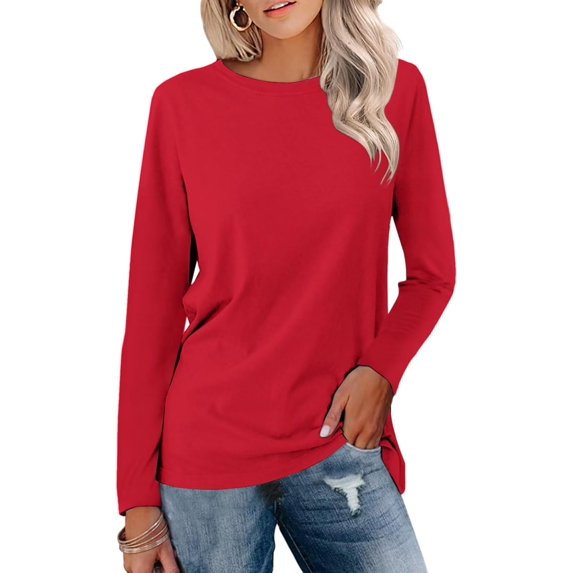 FUNING Women's Color Block Tops Casual Long Sleeve Tunic Round Neck Pullover Shirts