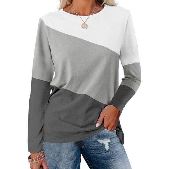 FUNING  Women's Color Block Tops Casual Long Sleeve Tunic Round Neck Pullover Shirts