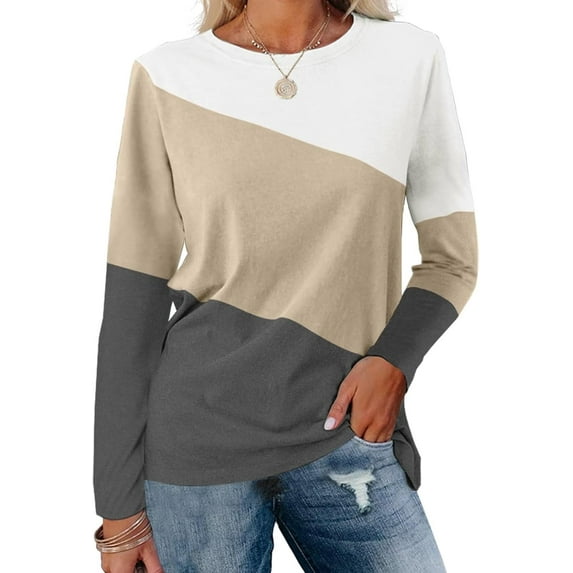 FUNING Women's Color Block Tops Casual Long Sleeve Tunic Round Neck Pullover Shirts