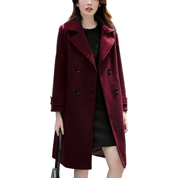FUNING Women's Essential Elegant Wear Double Breasted Mid Long Wool Pea Coat