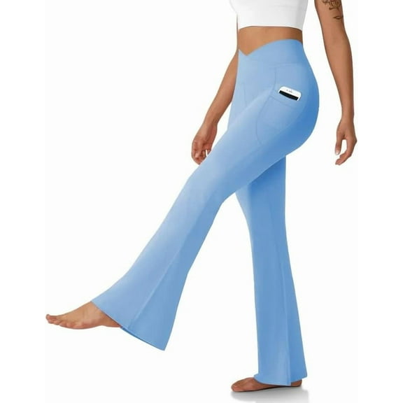 FUNING Women's Flare Leggings with Pockets-Crossover High Waisted Bootcut Yoga Pants-Tummy Control Bell Bottom Leggings