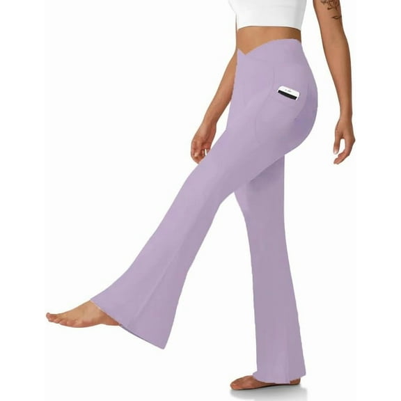 FUNING Women's Flare Leggings with Pockets-Crossover High Waisted Bootcut Yoga Pants-Tummy Control Bell Bottom Leggings
