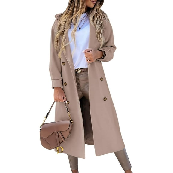 FUNING Women's Long Coat Notched Lapel Collar Double Breasted Pea Coat Winter Elegant Wool Blend Over Coats Jackets