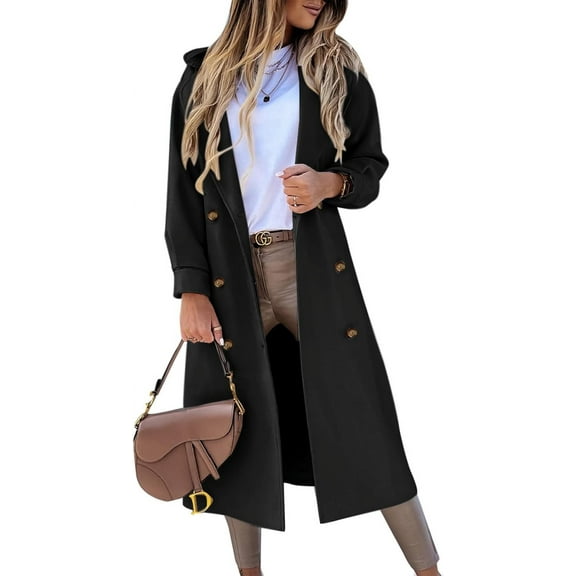 FUNING Women's Long Coat Notched Lapel Collar Double Breasted Pea Coat Winter Elegant Wool Blend Over Coats Jackets