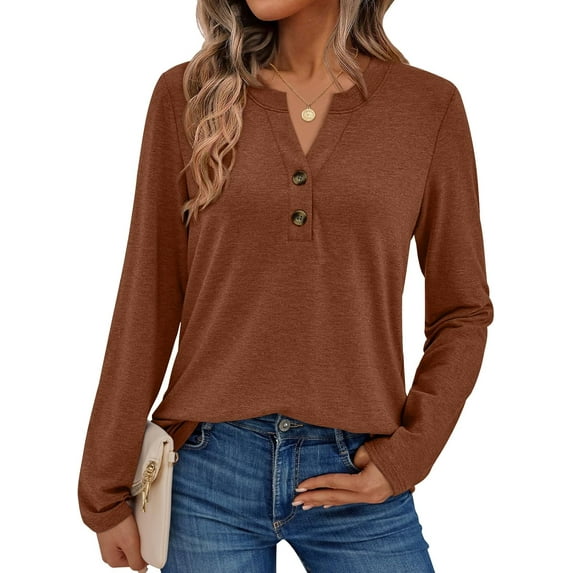 FUNING Women's Long Sleeve Shirts 2025 Fall Henley Dressy Casual Tops Trendy Blouses Cute T-Shirts Outfits Clothes