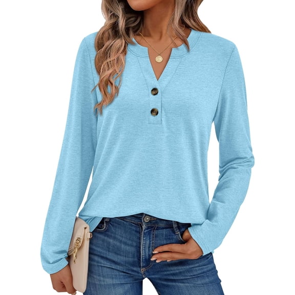 FUNING Women's Long Sleeve Shirts 2025 Fall Henley Dressy Casual Tops Trendy Blouses Cute T-Shirts Outfits Clothes