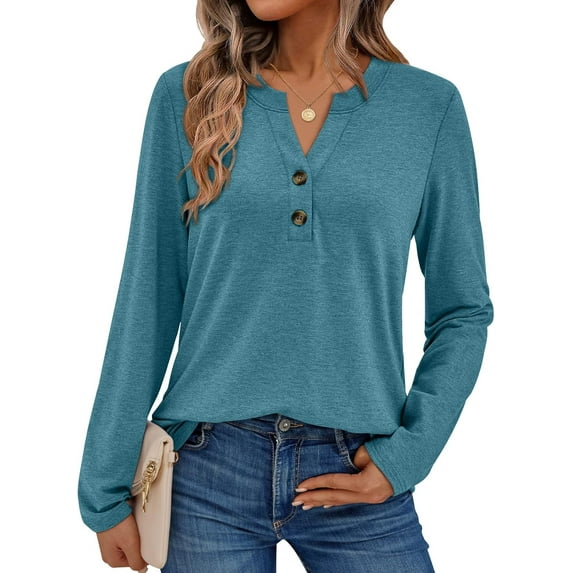 FUNING Women's Long Sleeve Shirts 2025 Fall Henley Dressy Casual Tops Trendy Blouses Cute T-Shirts Outfits Clothes