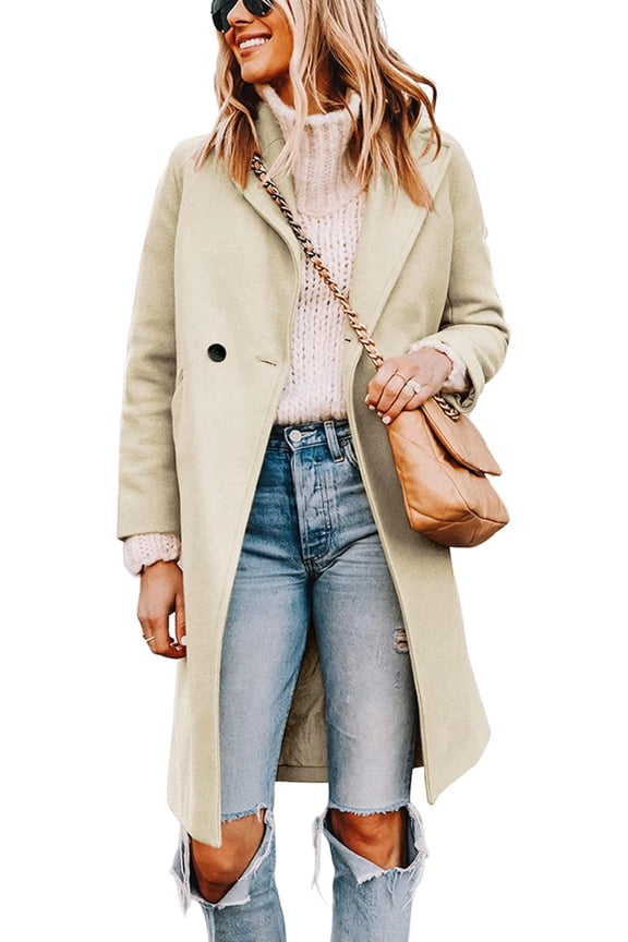 Women's Notch Lapel Double Breasted Wool Blend Mid Long Pea Trench Coat