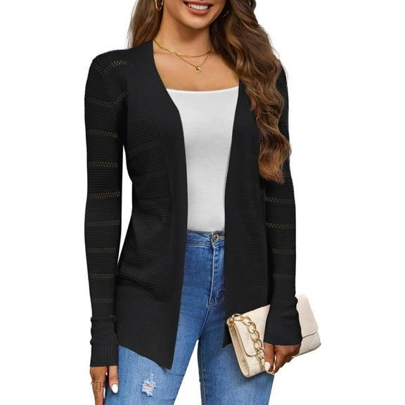 FUNING Women's Open Front Casual Long Sleeve Knit Classic Sweaters Cardigan with Pockets