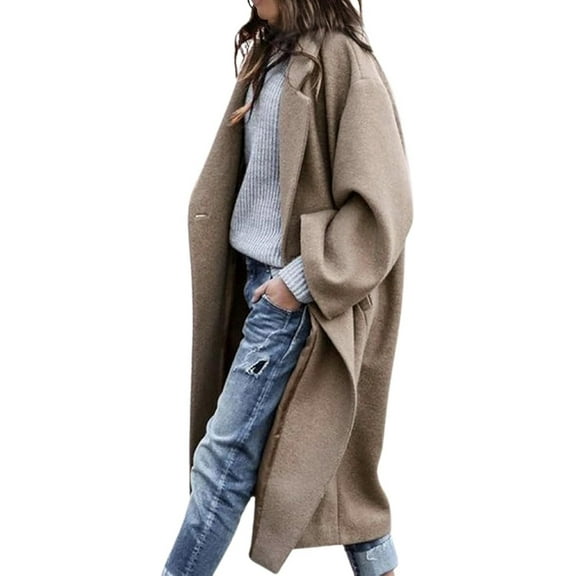 FUNING Women's Oversized Notched Collar Wool Blend Single Breast Midi Long Trench Coat