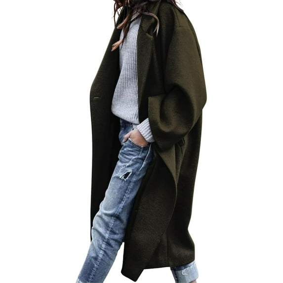 FUNING Women's Oversized Notched Collar Wool Blend Single Breast Midi Long Trench Coat