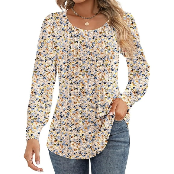 FUNING Women's Puff Long Sleeve Tunic Tops Pleated Crew Neck Blouses Dressy Casual Loose Fit Winter and Spring Shirts