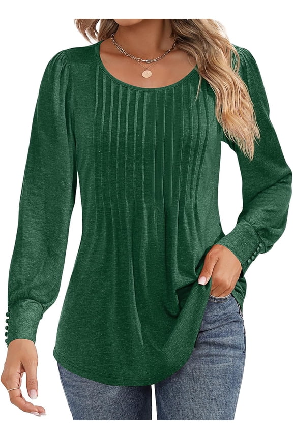 Women's Puff Long Sleeve Tunic Tops Pleated Crew Neck Blouses Dressy Casual Loose Fit Winter and Spring Shirts