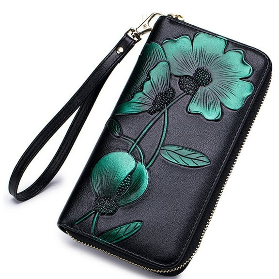 FUNING Women's RFID Block Leather Floral Zip Wallet