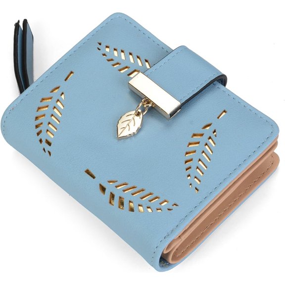 FUNING Women's Short Purse Leather Medium Wallet Leaf Bifold Card Coin Holder Small Purses Buckle Zipper Clutch